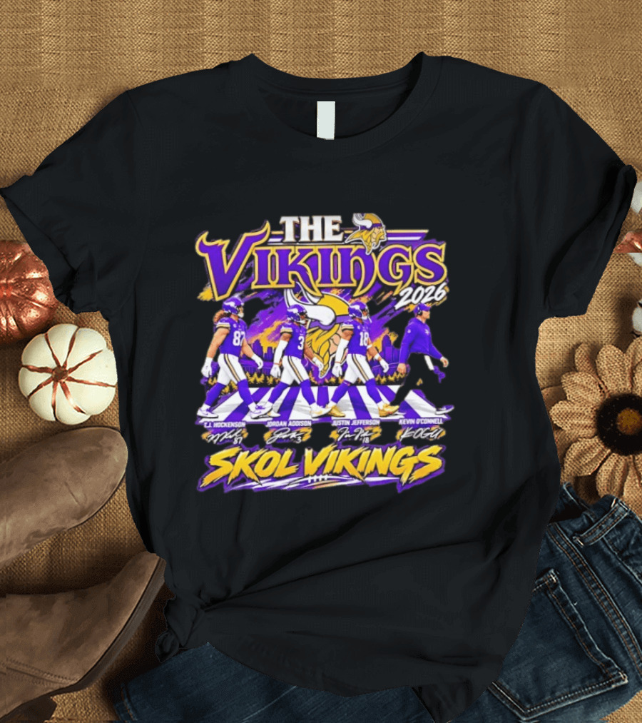 The Vikings 2026 J.J. Hockenson Jordan Addison Justin Jefferson Kevin O'Connell Skol Vikings T-Shirt
