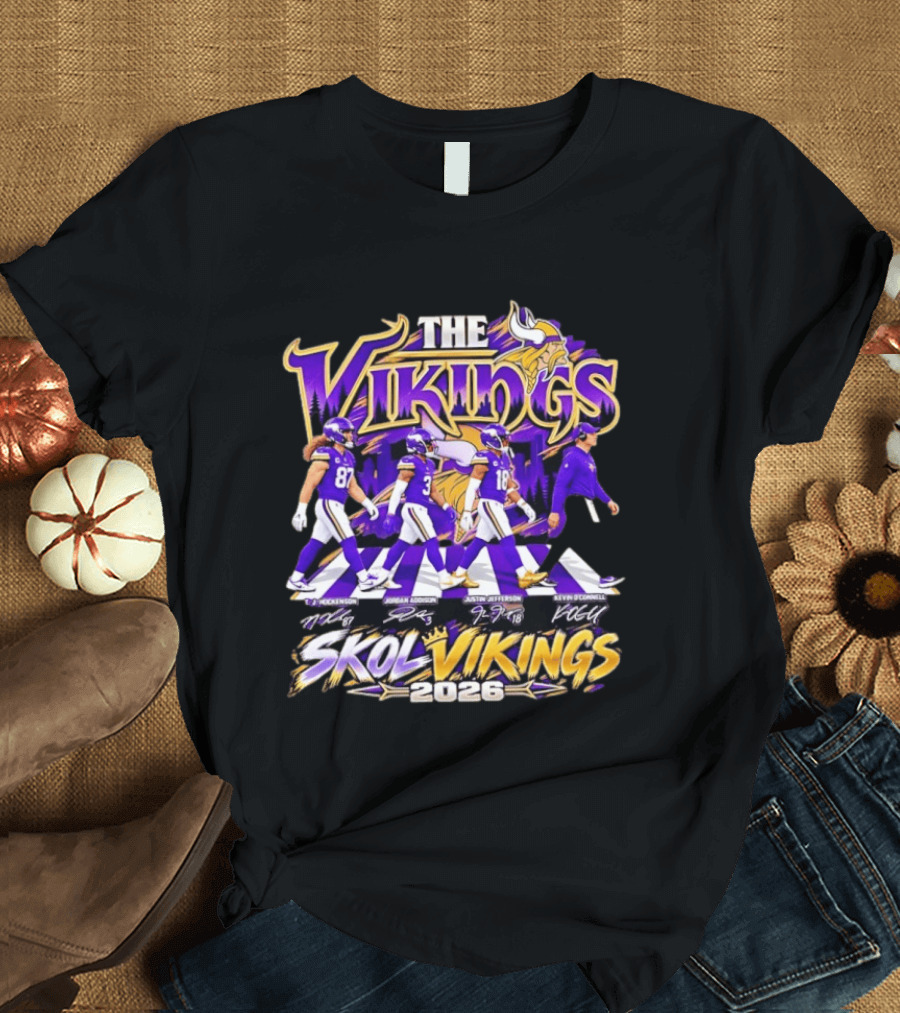 Minnesota Vikings Skol Vikings Abbey Road 2026 T. J. Hockenson Justin Jefferson Kevin O'Connell T-Shirt