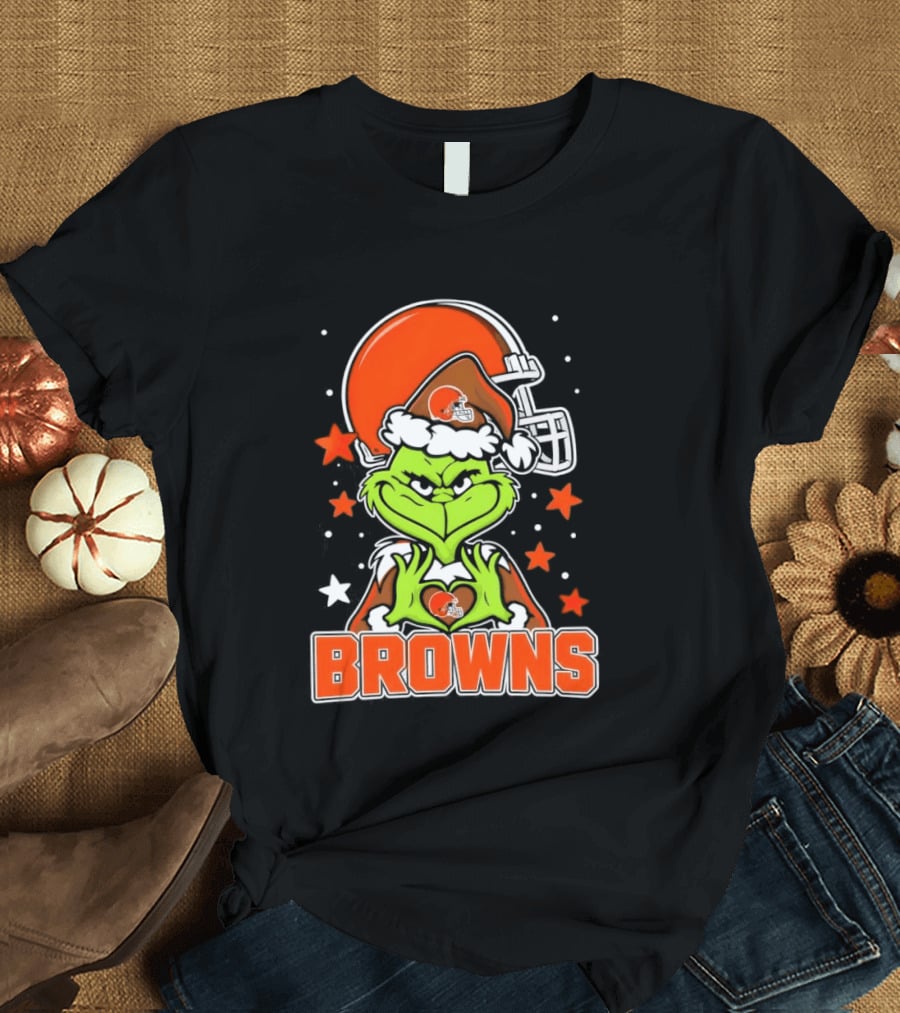 Grinch Heart Love Cleveland Browns Christmas Football T-Shirt