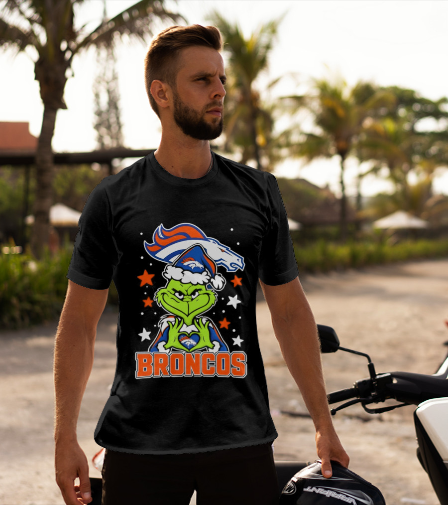 Broncos Christmas Grinch Heart Hands Love Denver Football T-Shirt