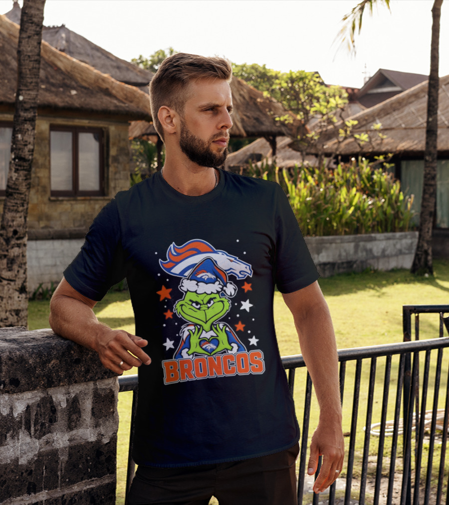 Broncos Christmas Grinch Heart Hands Love Denver Football T-Shirt