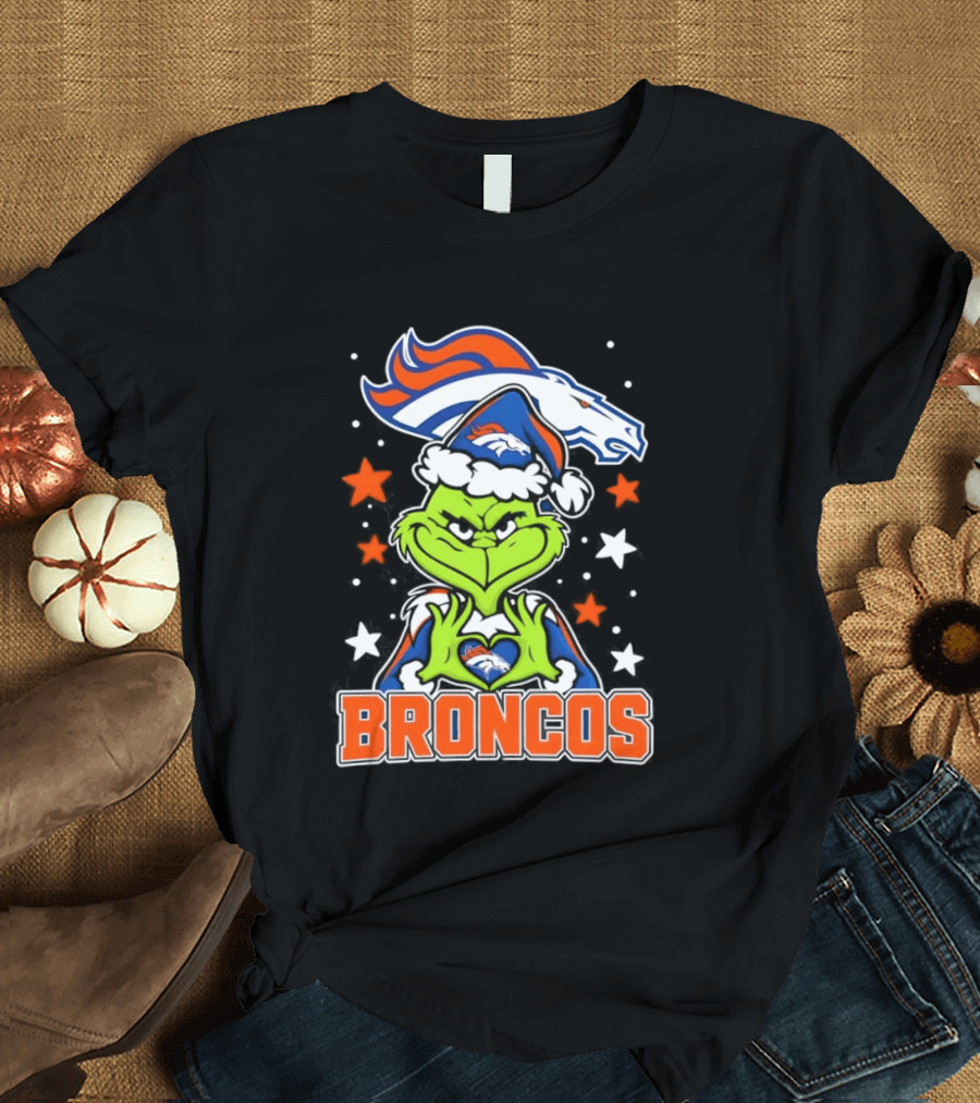 Broncos Christmas Grinch Heart Hands Love Denver Football T-Shirt