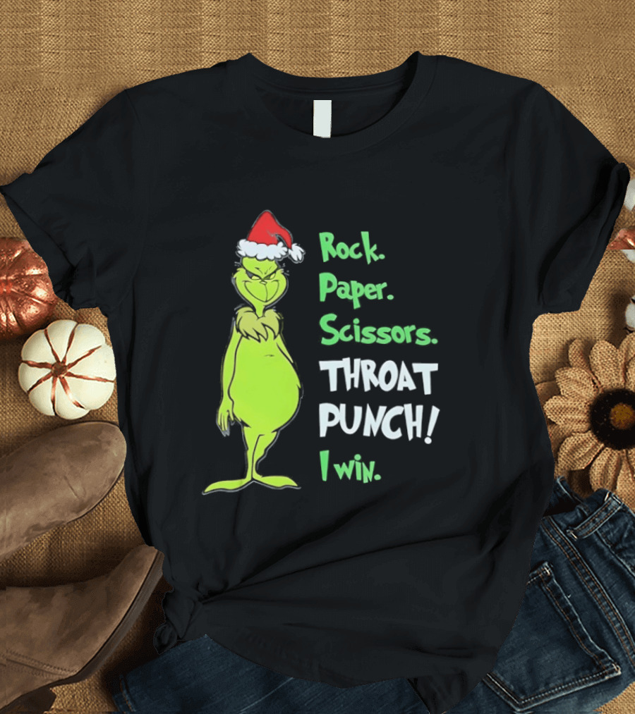 Rock Paper Scissors Throat Punch I Win Grinch With Santa Hat T-Shirt