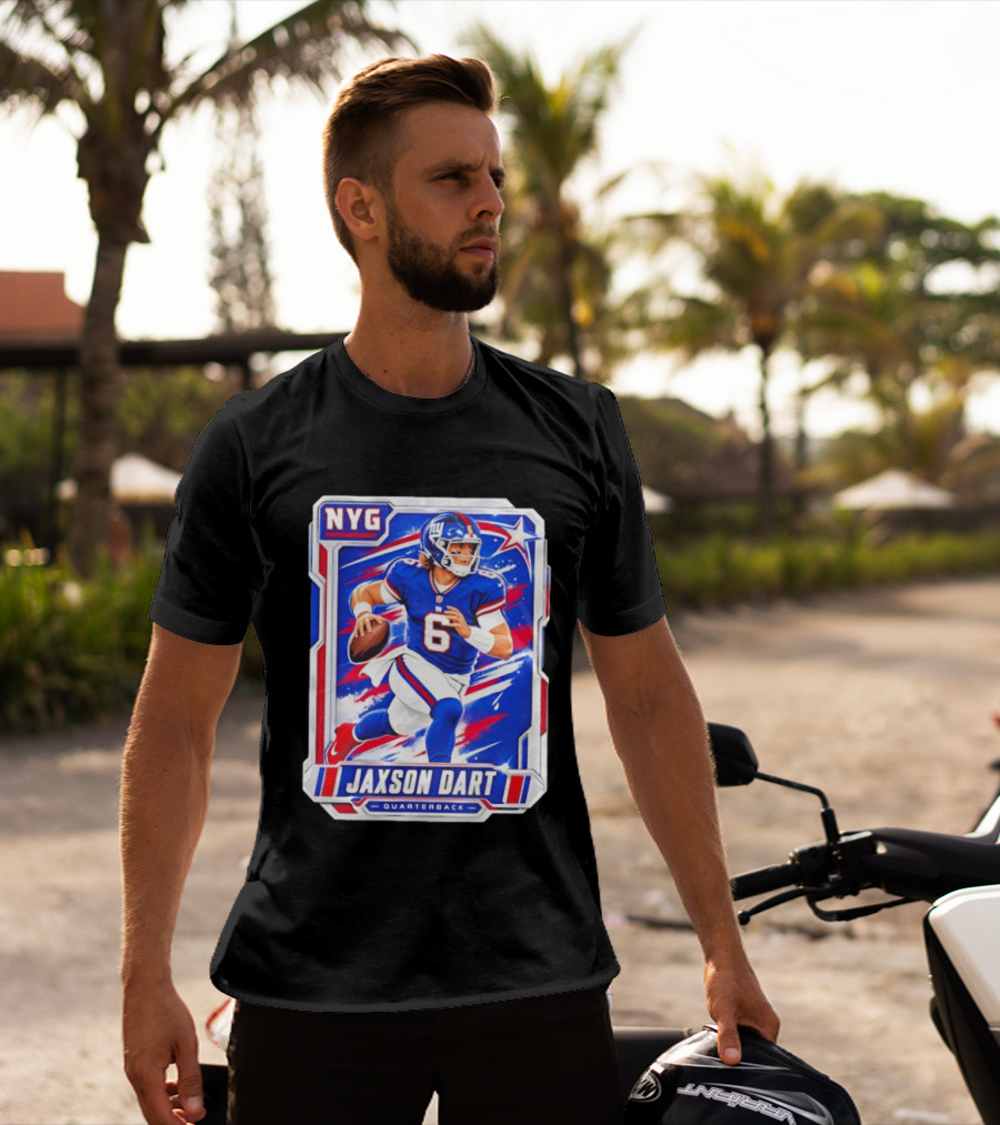 NYG Jaxson Dart 2026 Trading Card Blue Jersey Quarterback T-Shirt
