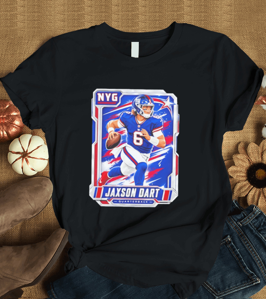 NYG Jaxson Dart 2026 Trading Card Blue Jersey Quarterback T-Shirt