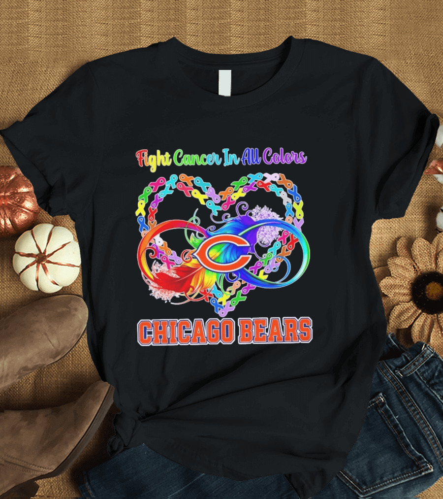 Chicago Bears Fight Cancer In All Colors Heart Ribbon Awareness T-Shirt