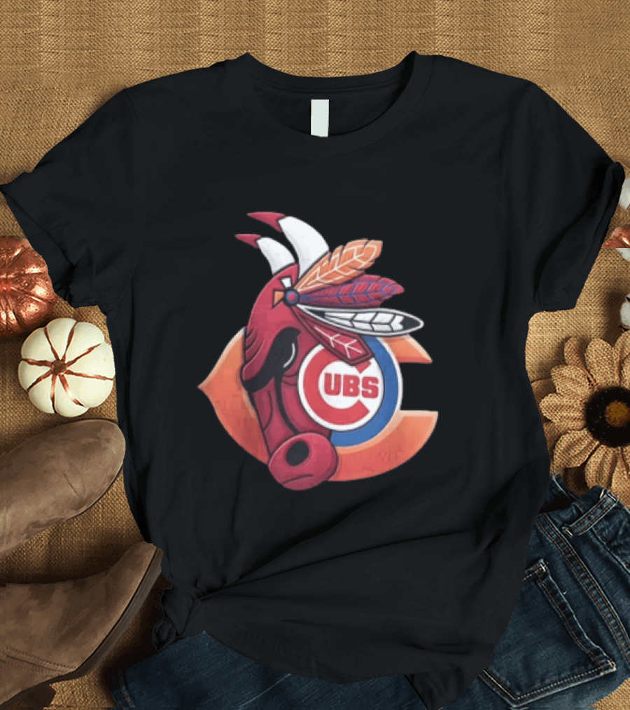 Chicago Bears Cubs Red Bull Native American Headdress T-Shirt