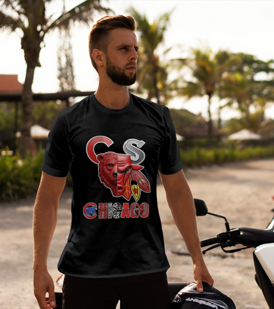 Chicago Cubs Bulls Blackhawks Split Face Bear Bull T-Shirt