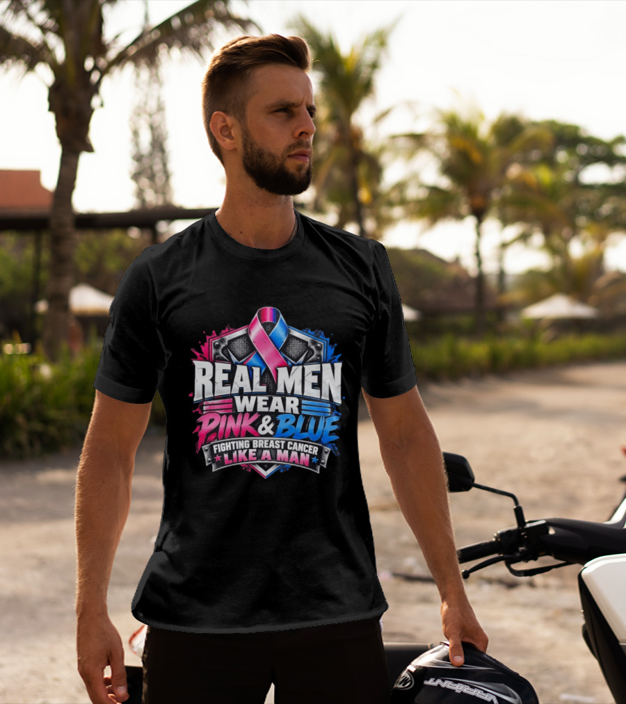 Real Men Wear Pink And Blue Fighting Breast Cancer Like A Man Ribbon Shield T-Shirt