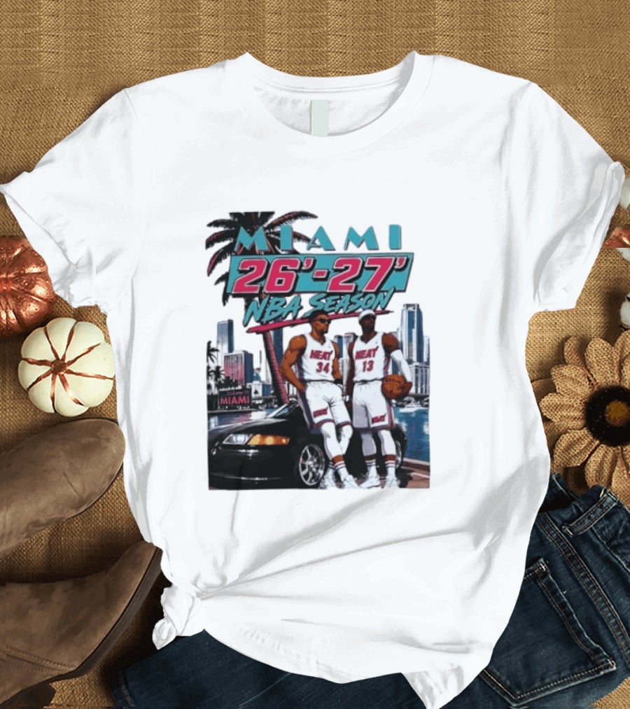 Miami Heat 26 27 NBA Season Palm Trees Skyline Players T-Shirt