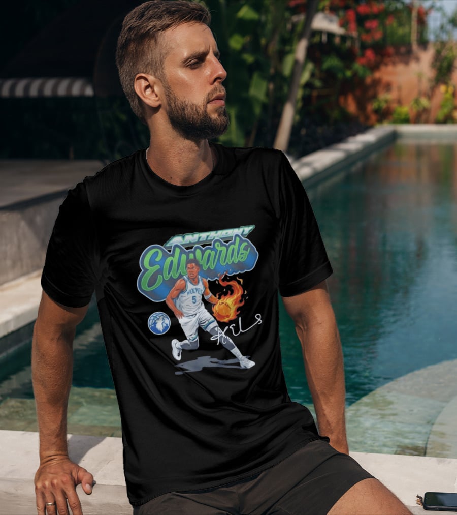 Anthony Edwards Wolves Cursive Script Basketball Flame Edit T-Shirt