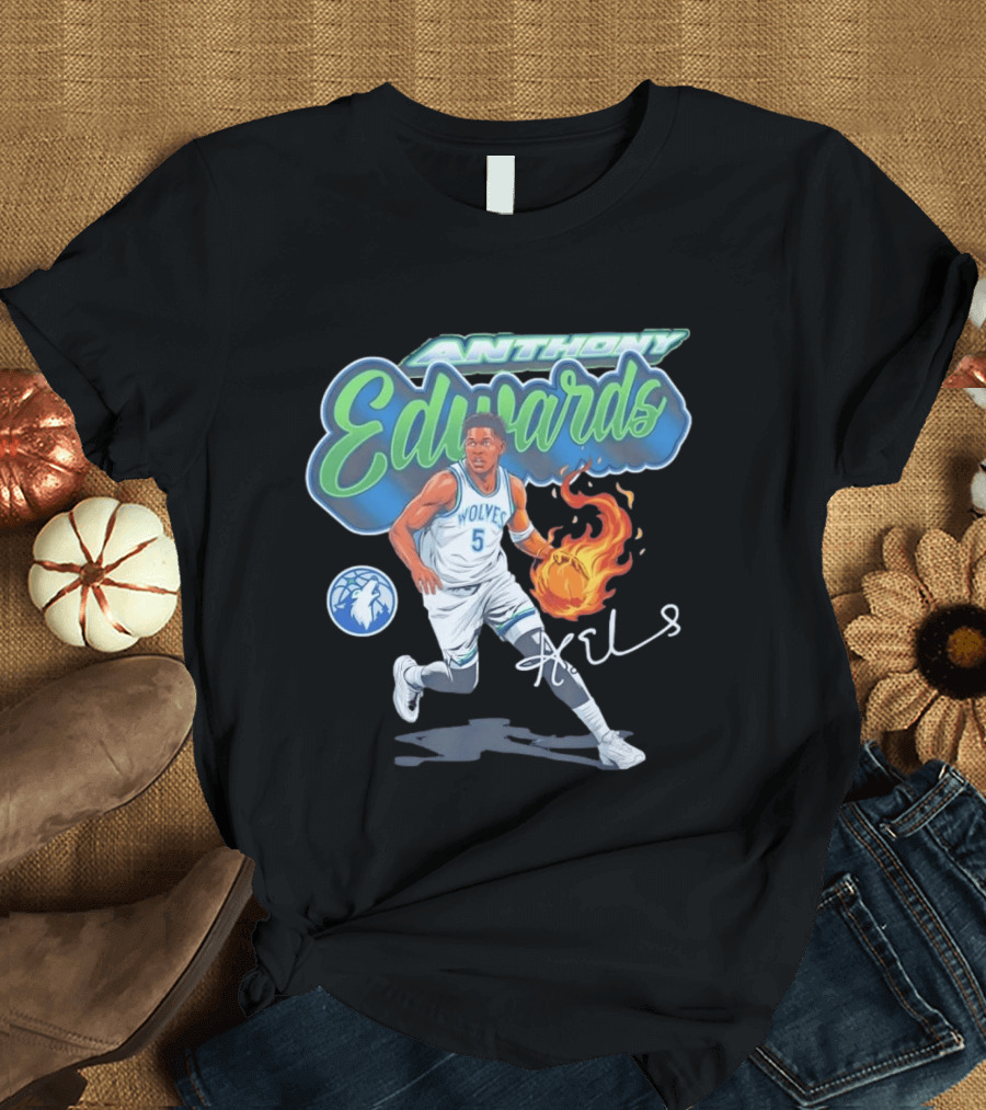 Anthony Edwards Wolves Cursive Script Basketball Flame Edit T-Shirt