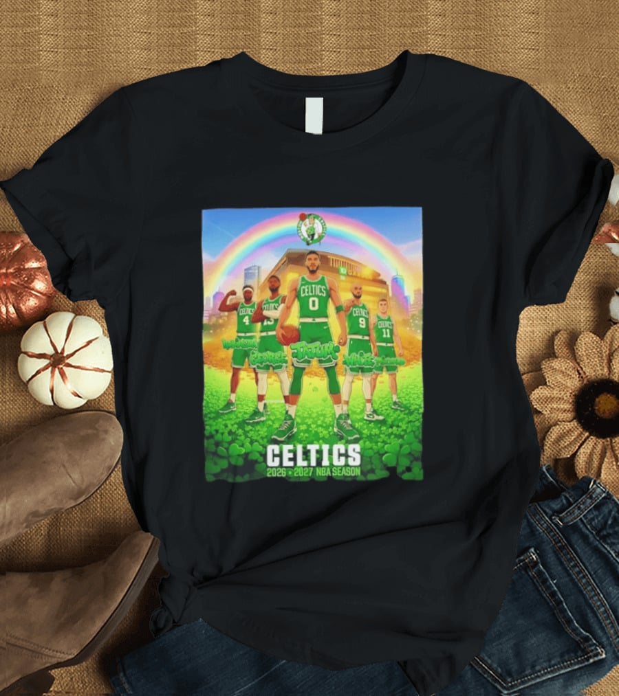 Boston Celtics 2026 2027 NBA Season Tatum George White Robinson Pritchard Basketball Team Players Under Rainbow Scene T-Shirt