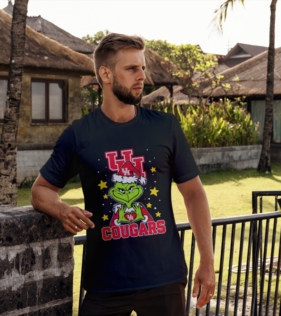 Grinch UH Houston Cougars Christmas Santa Hat Snow Stars T-Shirt