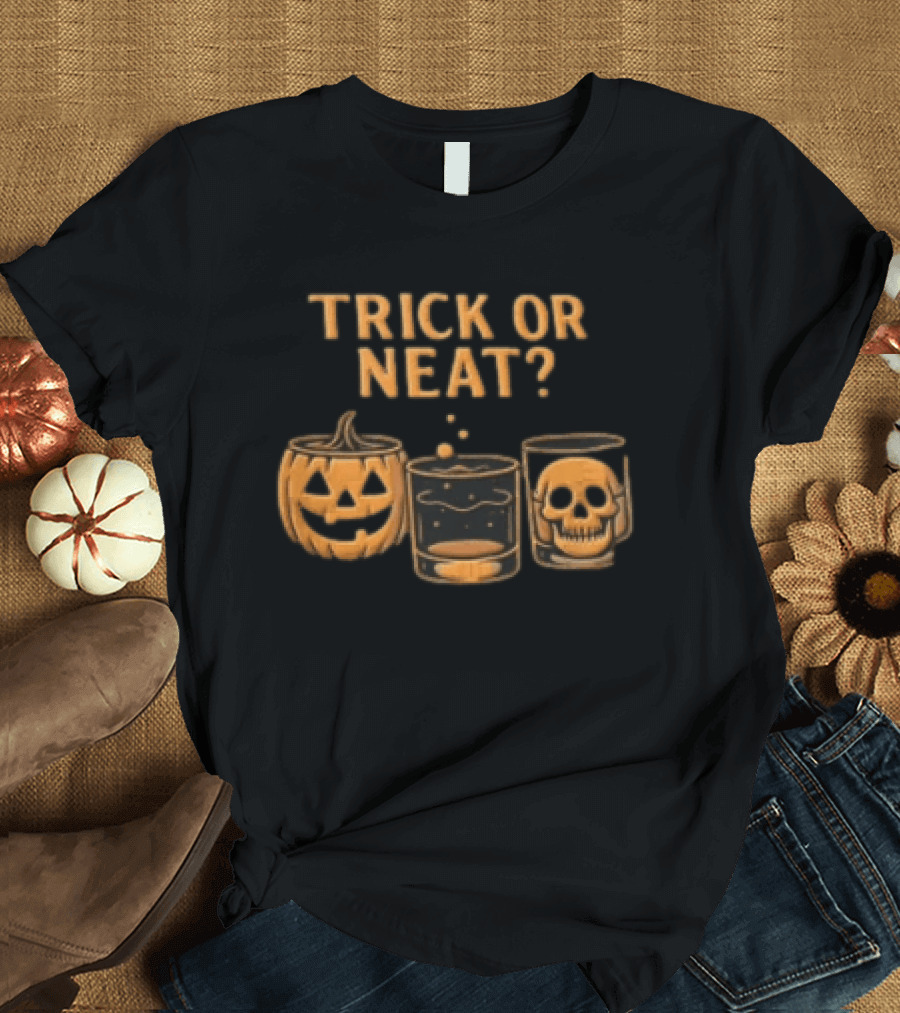 Trick Or Neat Jack O Lantern Whiskey Glass Skull T-Shirt