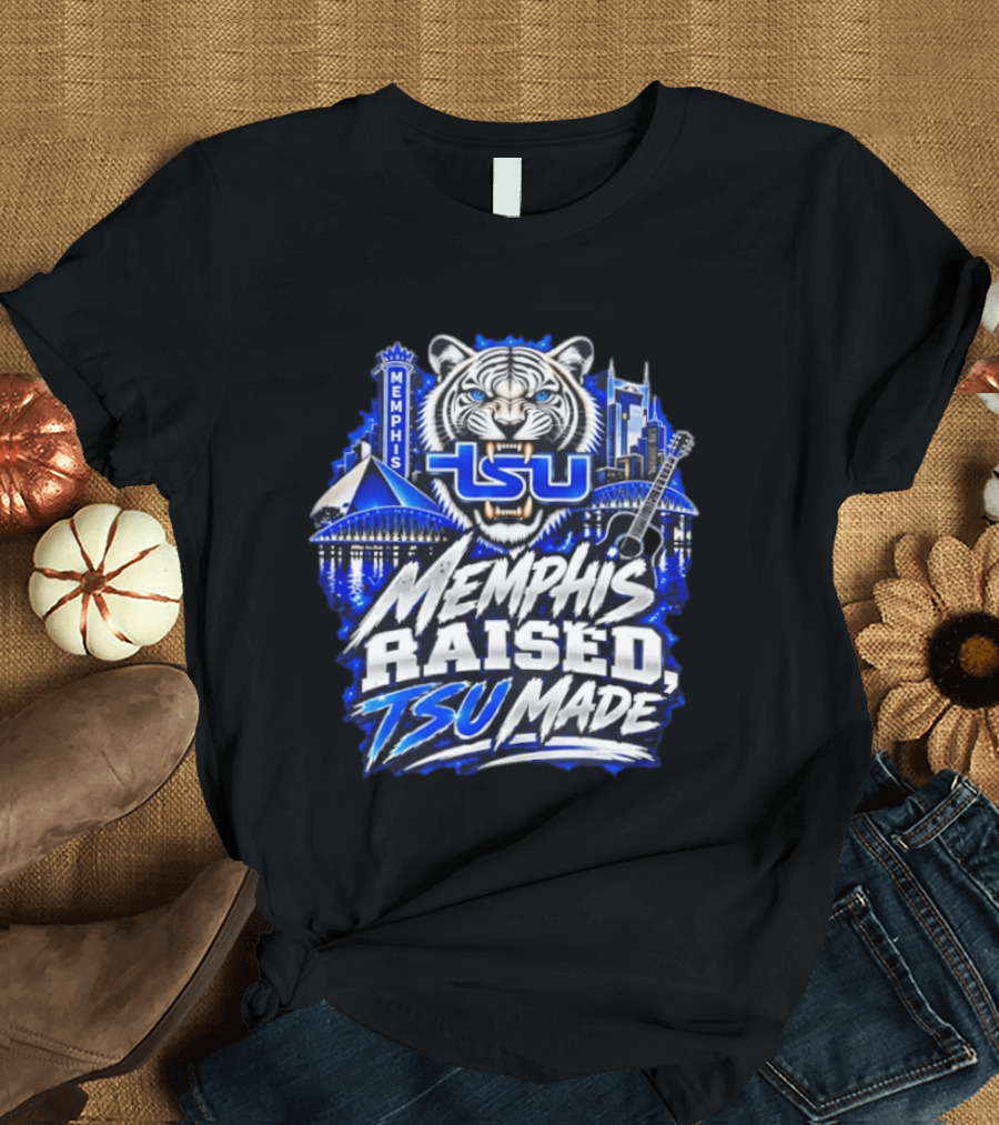 Memphis Raised TSU Made Tiger Skyline Guitar Blueprint T-Shirt