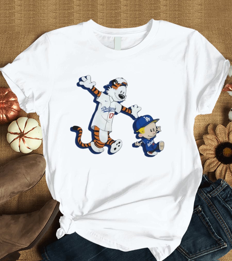 Calvin And Hobbes Dodgers Baseball Characters Los Angeles Team Fan T-Shirt