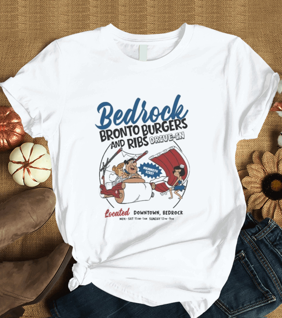 Bedrock Bronto Burgers And Ribs Drive In Downtown Bedrock Fred Flintstone Car And Dino Ribs T-Shirt