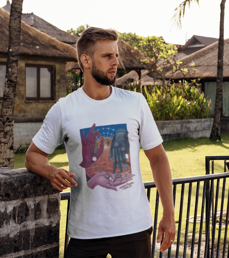 Nothing Personal X Asaali Surreal Hands With Coins And Geometric Grid T-Shirt
