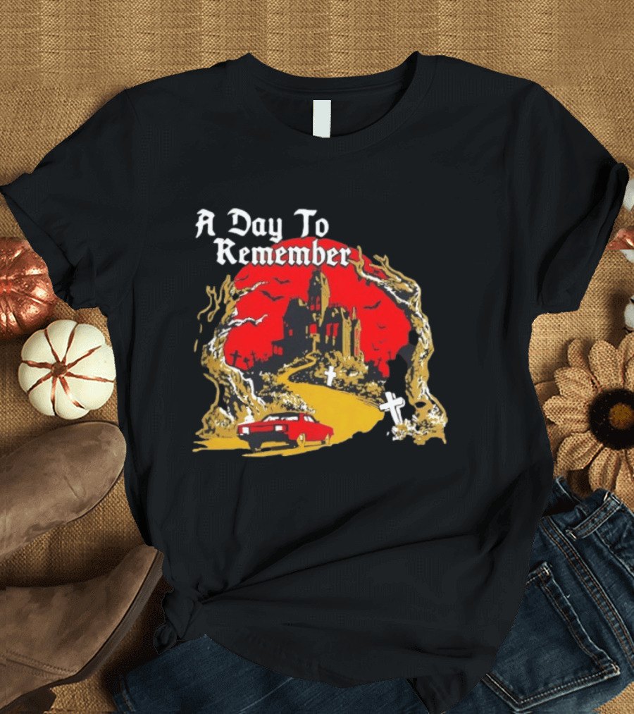 A Day To Remember Haunted House Red Car Cemetery Scene T-Shirt