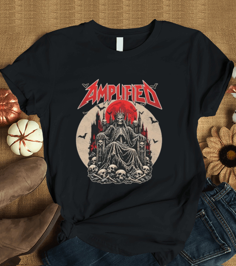 Amplified King Of Skulls Throne Undead Bats Gothic Red Moon T-Shirt