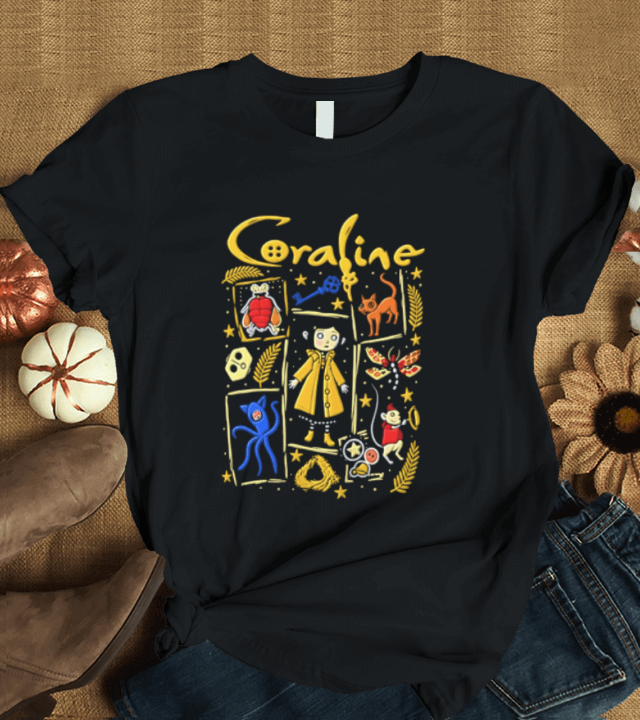 Coraline Characters Key Yellow Coat Cat Other Mother Neil Gaiman T-Shirt
