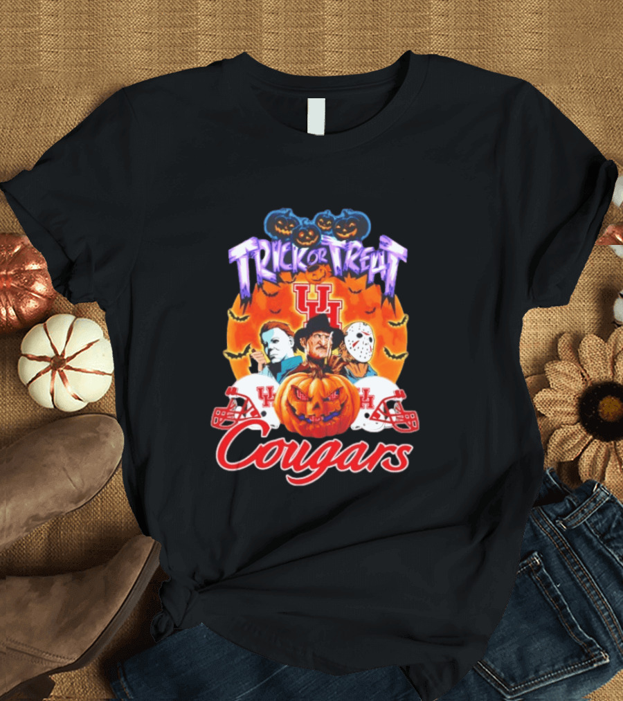 Houston Cougars Halloween Trick Or Treat Horror Characters 2026 T-Shirt