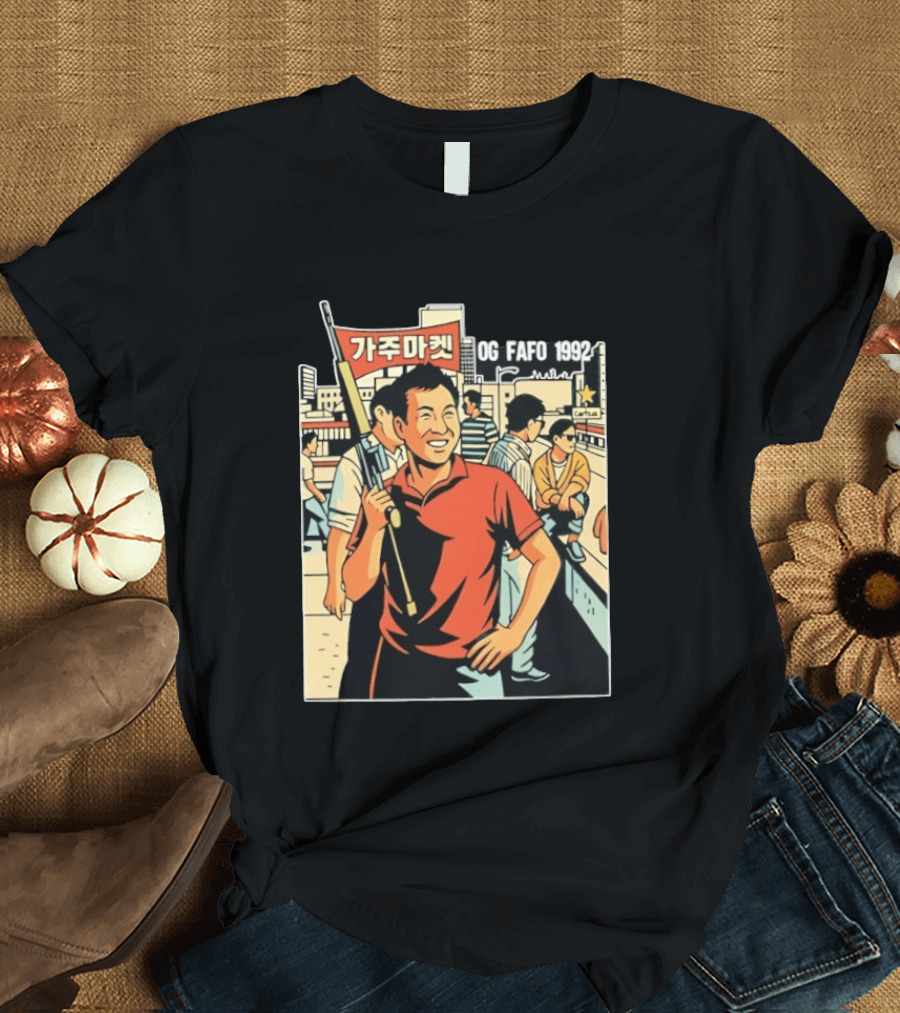 OG FAFO 1992 Rooftop Koreans Cartoon Characters Holding Flag And Rifle Urban Rooftop Scene T-Shirt