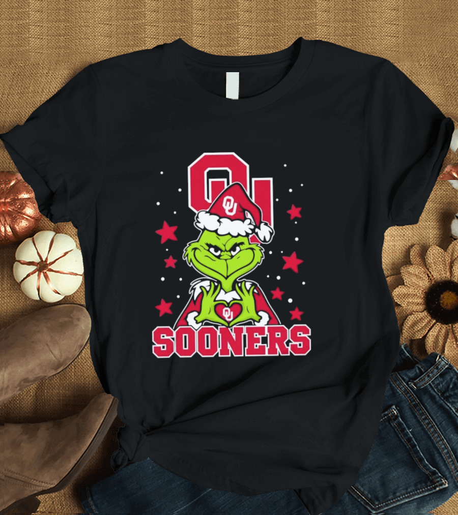 Oklahoma Sooners Grinch Christmas Heart Hands OU Santa Hat T-Shirt