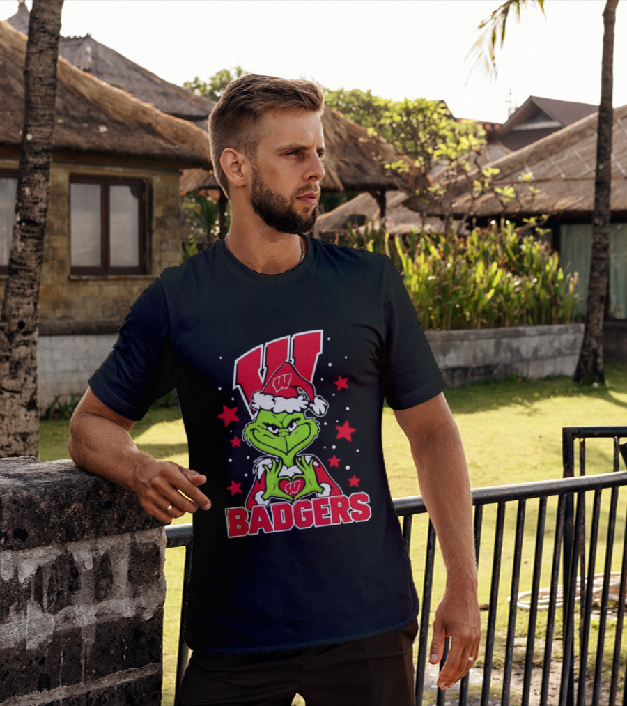 Grinch Wearing Wisconsin Badgers Hat Christmas Sports Fan T-Shirt