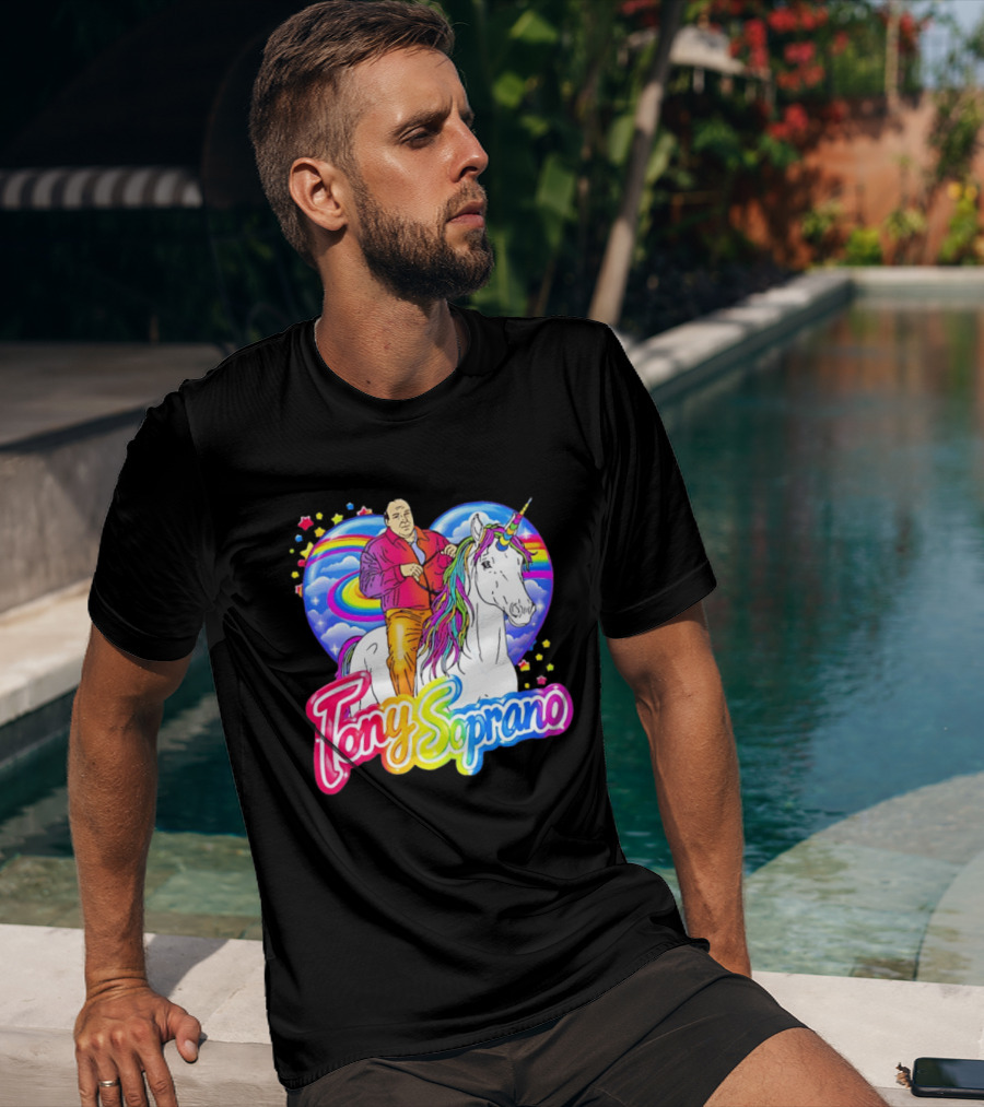 Tony Soprano Riding Rainbow Unicorn With Heart And Stars T-Shirt