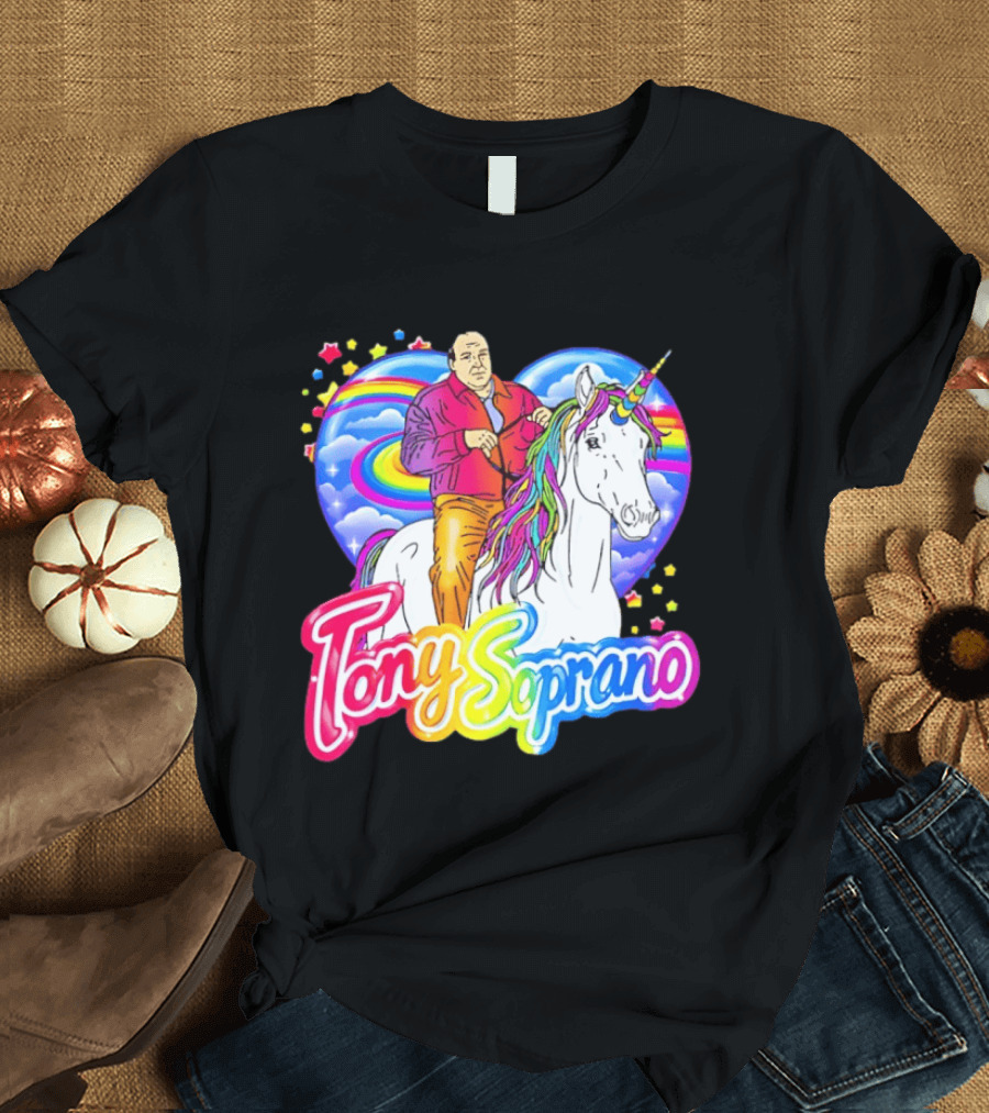 Tony Soprano Riding Rainbow Unicorn With Heart And Stars T-Shirt