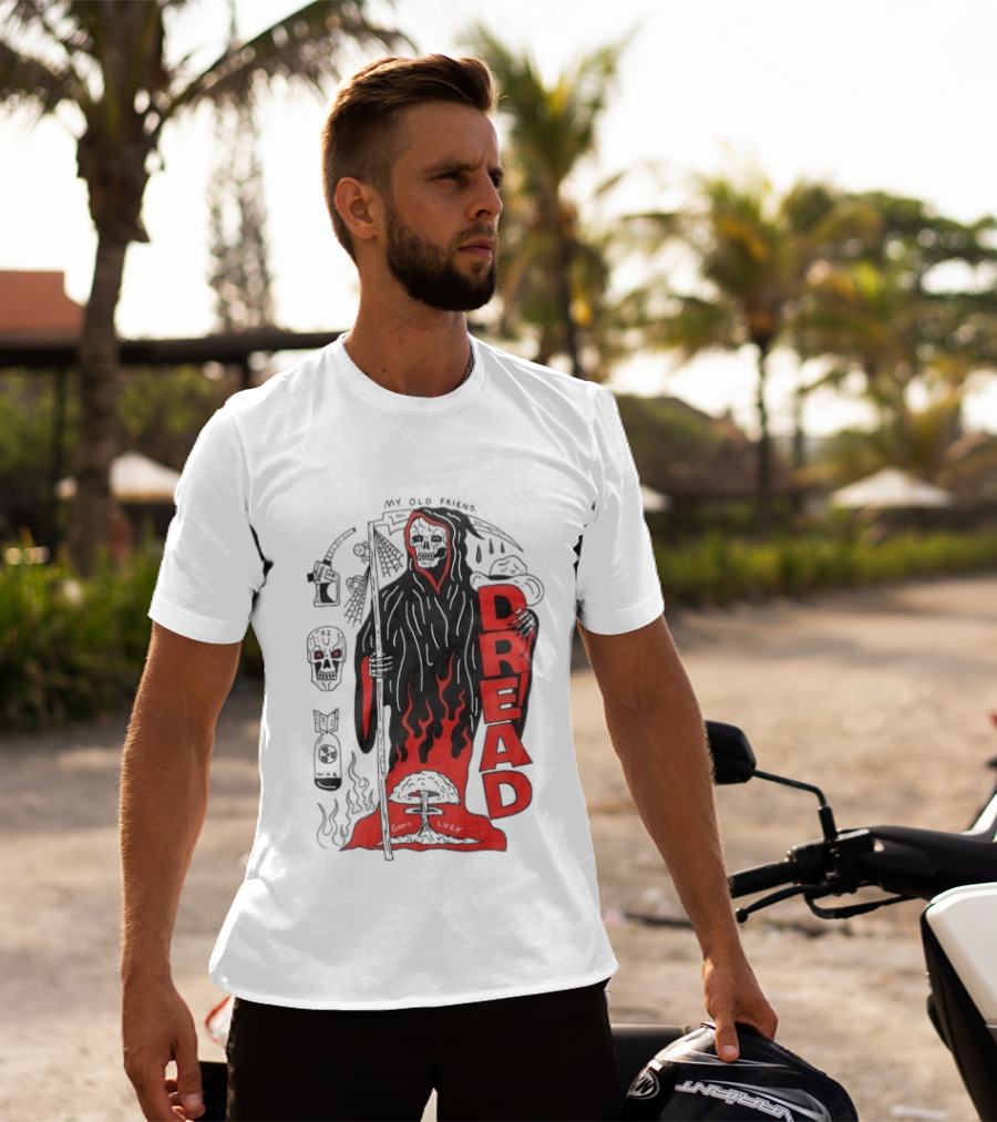 Dread My Old Friend Grim Reaper With Flames And Skull T-Shirt