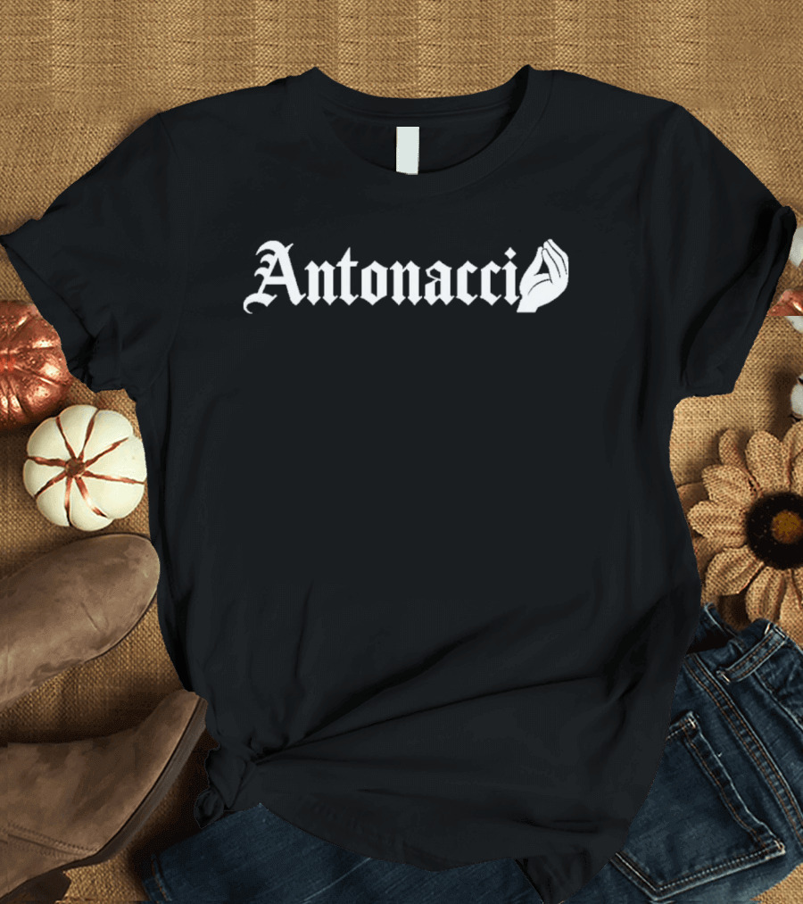 Antonacci Gothic Style Text With Iconic Rock Hand Gesture T-Shirt