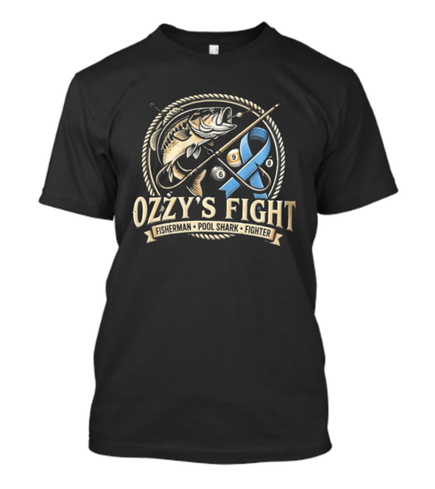 Ozzys Fight Fisherman Pool Shark Fighter Blue Ribbon Challenge T-Shirt