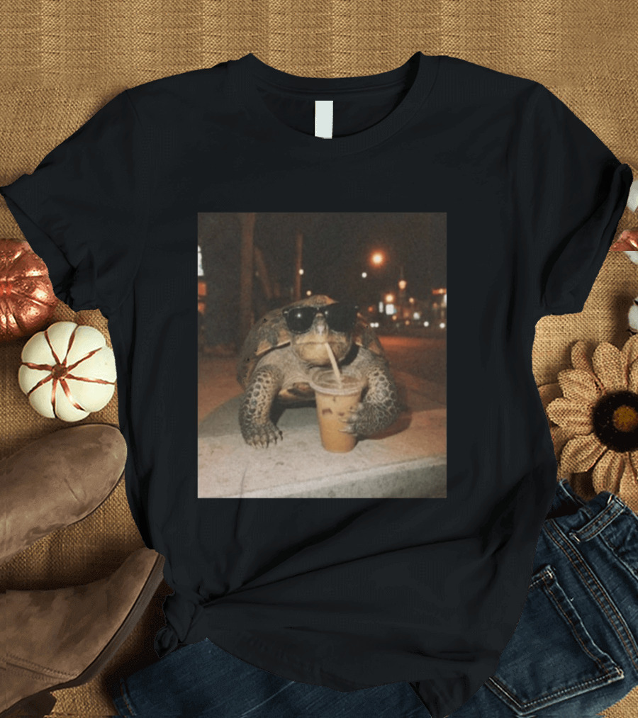 Turtle Wearing Sunglasses Drinking Iced Coffee At Night T-Shirt
