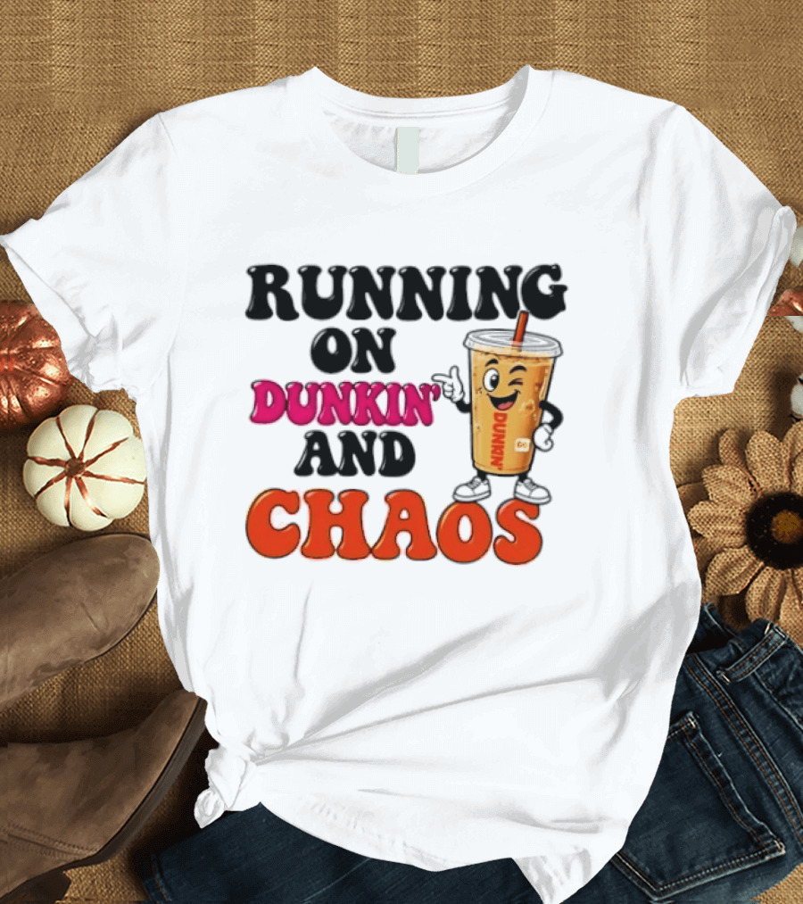 Running On Dunkin' And Chaos Coffee Winking Iced Drink T-Shirt