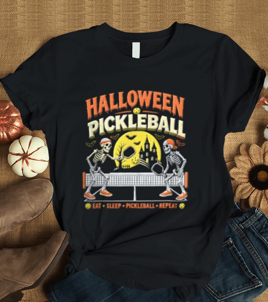 Halloween Pickleball Eat Sleep Pickleball Repeat Two Skeletons Haunted House T-Shirt