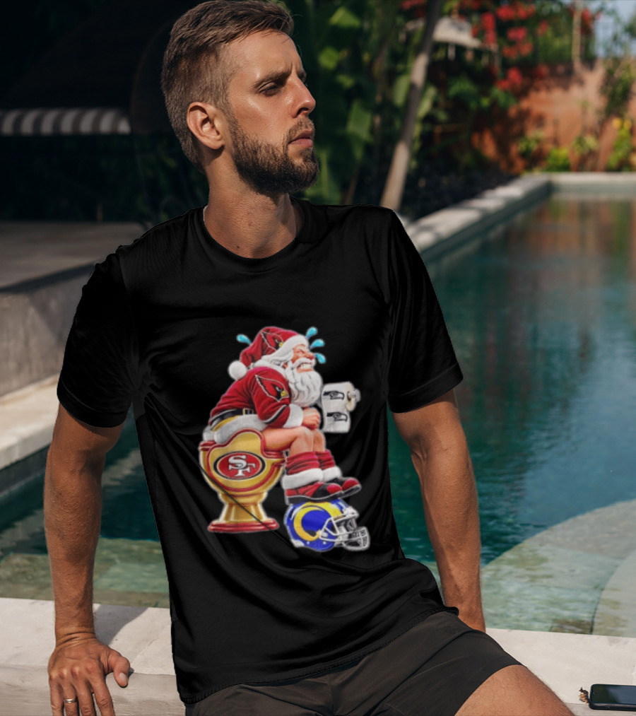 Santa Claus Sitting On San Francisco 49ers Toilet With Seattle Seahawks And Los Angeles Rams T-Shirt