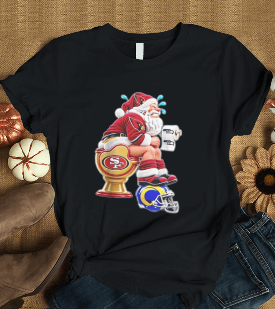 Santa Claus Sitting On San Francisco 49ers Toilet With Seattle Seahawks And Los Angeles Rams T-Shirt