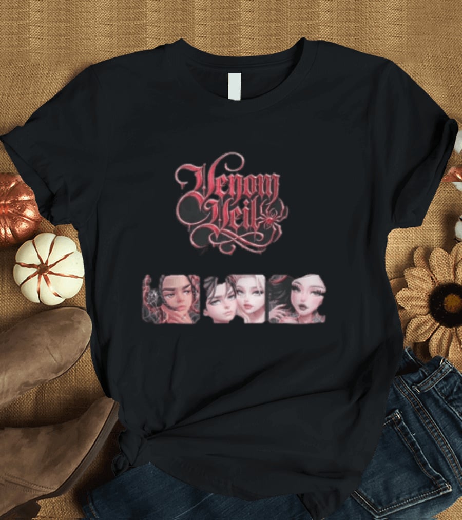 Venom Veil Red Gothic Lettering Spider Themes Three Stylized Portraits T-Shirt