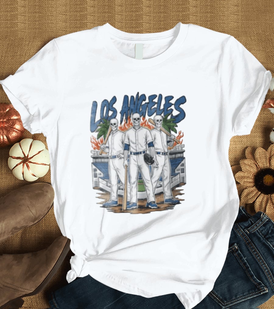 Los Angeles Skeleton Baseball Players Stadium Flames Palms T-Shirt