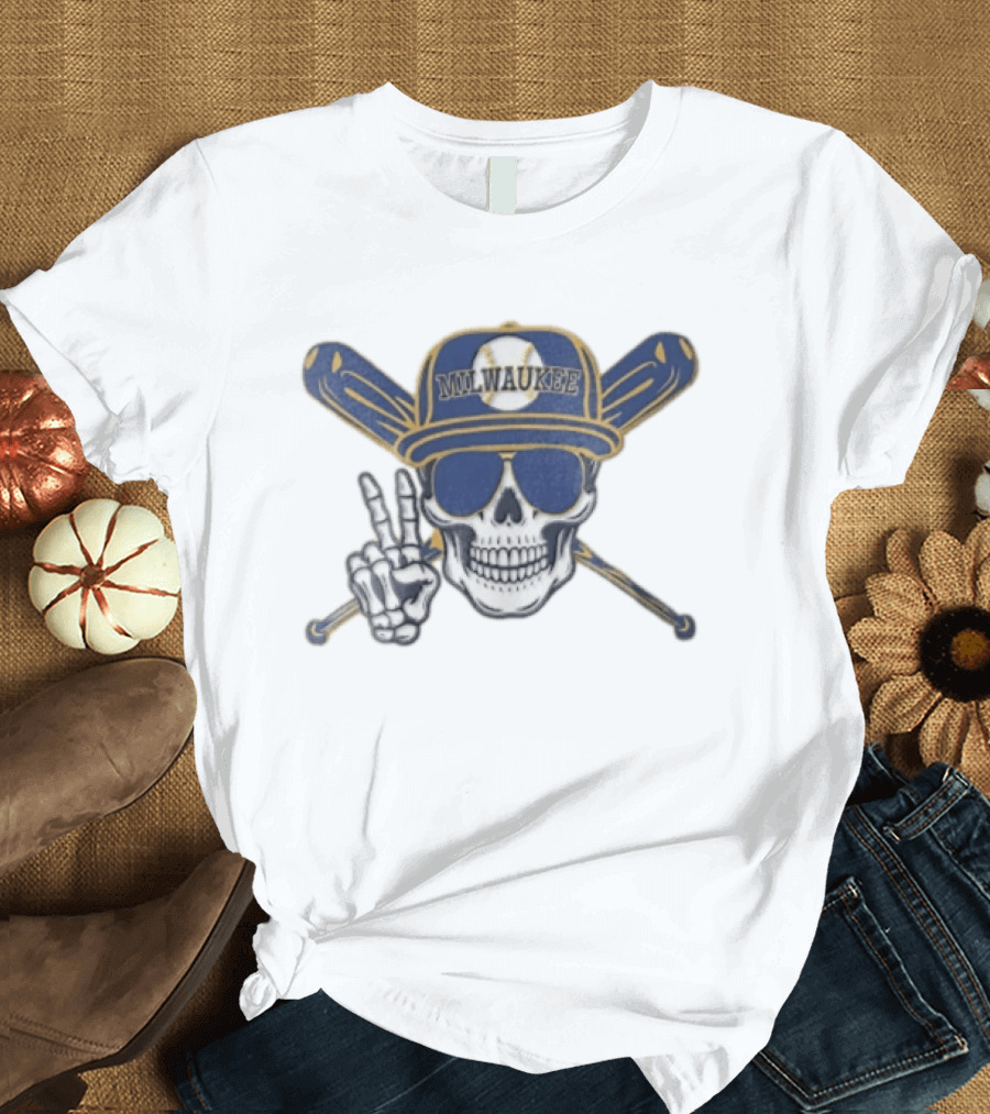 Milwaukee Brewers Skull Cap Sunglasses Peace Sign Baseball Bats T-Shirt