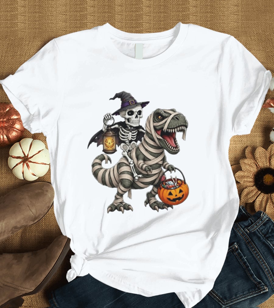 Halloween Skeleton Witch On Mummy Rex With Pumpkin Candy Bucket T-Shirt