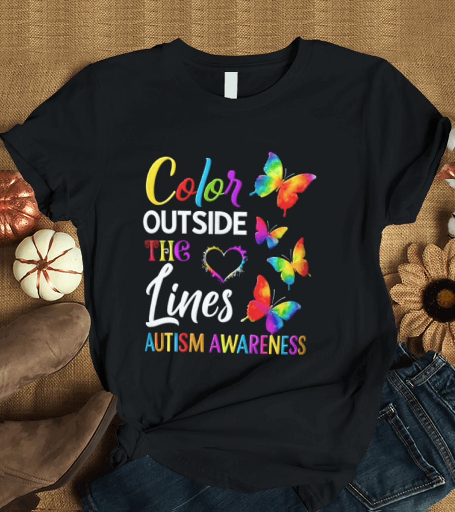 Color Outside The Lines Heart And Butterflies Autism Awareness T-Shirt