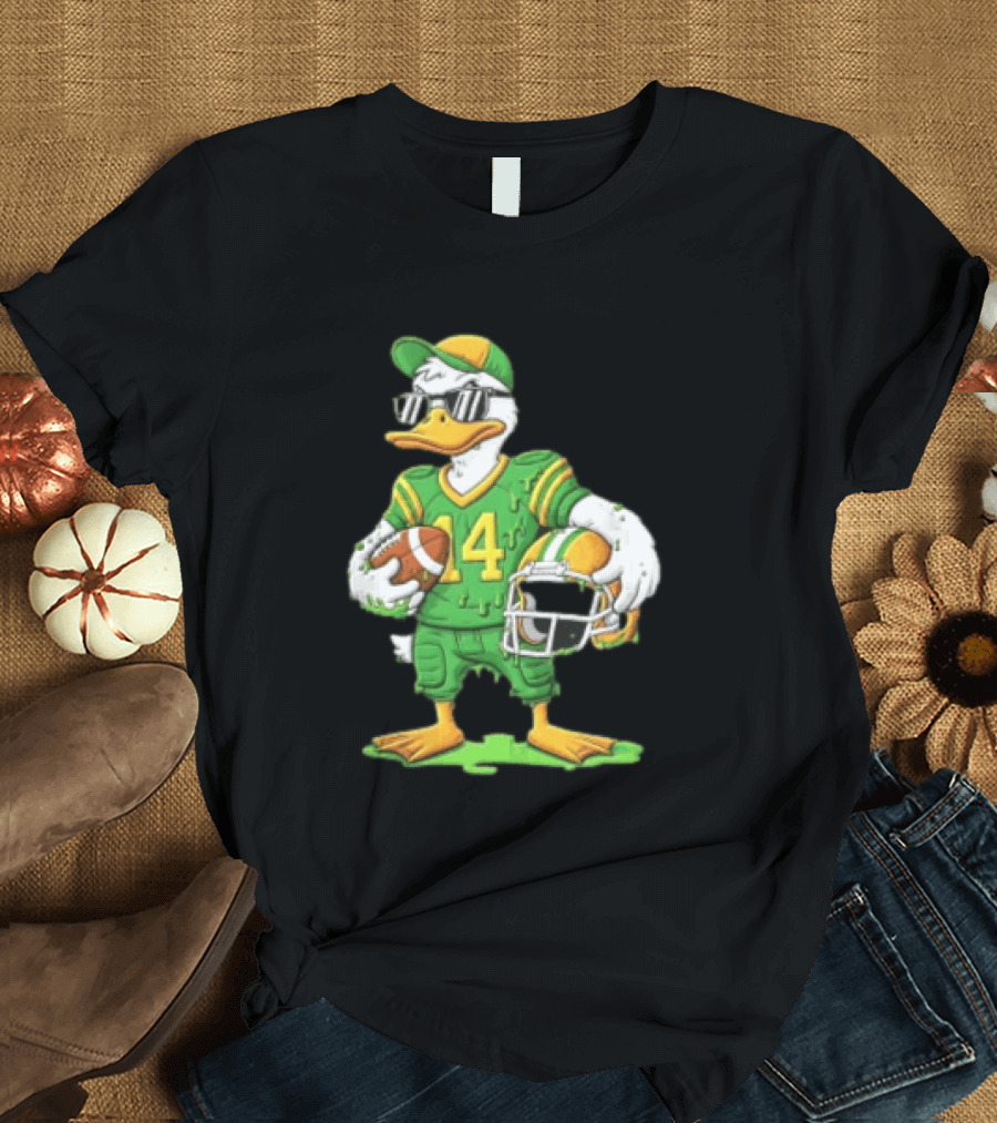 Duck With Sunglasses In Green Football Uniform Holding Helmet And Ball T-Shirt