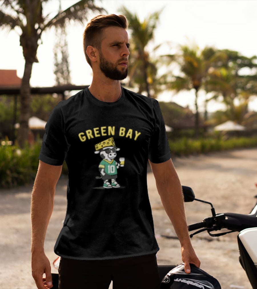Green Bay Packers Jordan Love Cow Wearing Cheese Hat Sunglasses With Drink T-Shirt