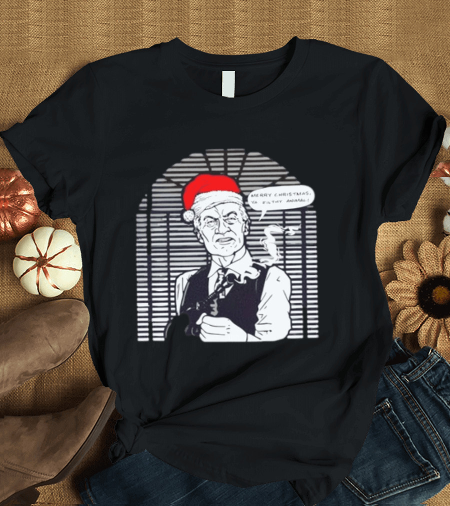 Joe Pesci Merry Christmas Ya Filthy Animal Home Alone Christmas Hat Smoking Gun Scene T-Shirt