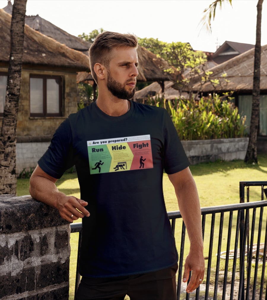 Grimykids Store Survival Guide Run Hide Fight Are You Prepared Emergency Strategy T-Shirt