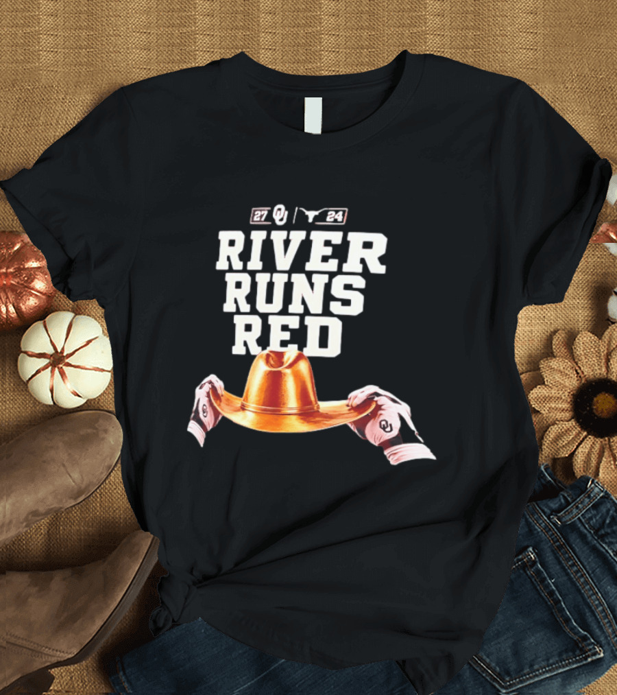 Oklahoma Sooners River Runs Red Golden Hat 2024 Victory T-Shirt